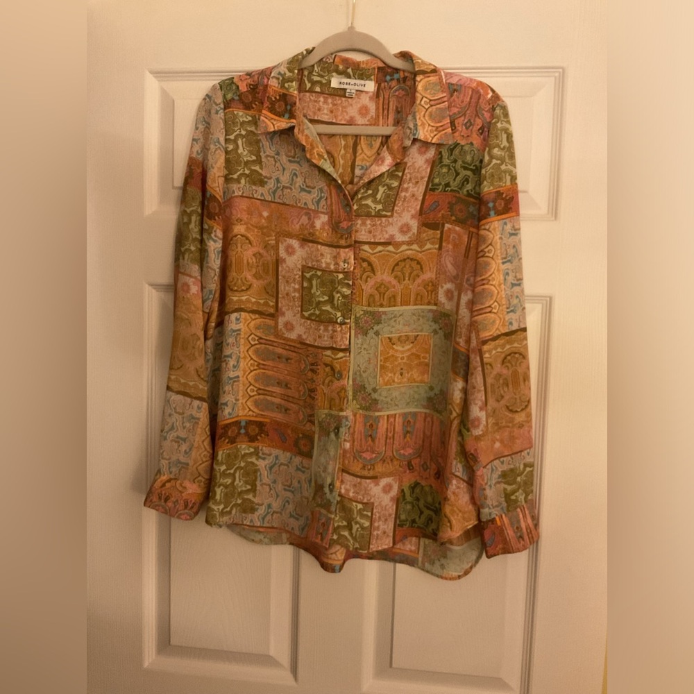 Rose + Olive Vintage Patchwork Paisley Long Sleeve Blouse Sz Large Excellent